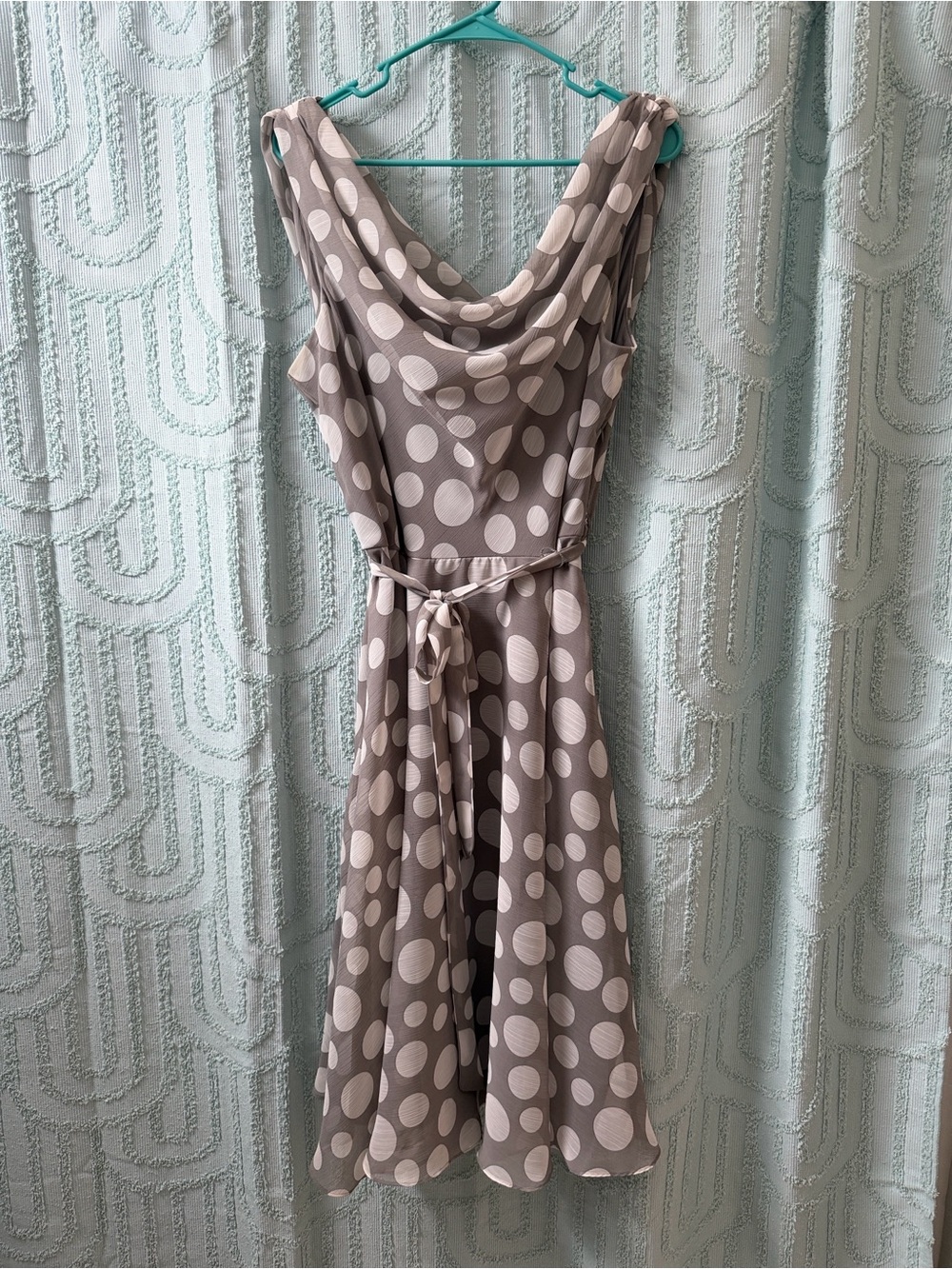 Cowl Neck Taupe Polka Dot Midi Dress with Tie Waist